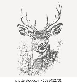 Deer peeking through forest foliage, highly detailed hand-drawn vintage sketch with artistic shading.