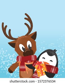 A deer and penguin celebrating Christmas Postcard