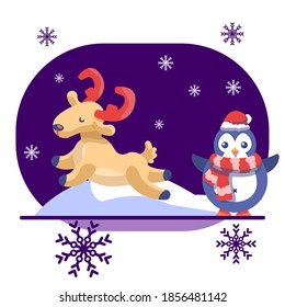 Venado y pingüino sobre fondo blanco aislado. Postal navideña para invitación o tarjeta de regalo, cuaderno, baldosa de baño, libro de recortes. Estuche de teléfono o impresión de tela. Ilustración vectorial de estilo plano