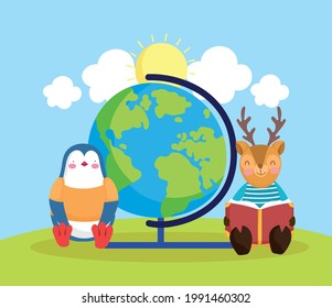 deer penguin school globe and book