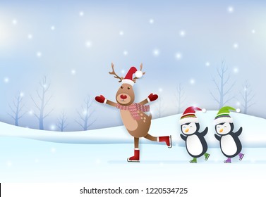 Deer and penguin skating in winter season paper art, paper craft style illustration