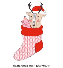 Deer and pig in a christmas sock. Vector illustration for greeting card, poster, congratulations, home decoration, stickers, pattern, t-shirt, textile, placard, wall art, denim, mug