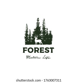 Deer and Pine Cedar Spruce Fir Conifer Forest Silhouette Wilderness Adventure logo design