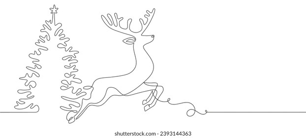 Deer and pine christmas tree line art style vector illustration