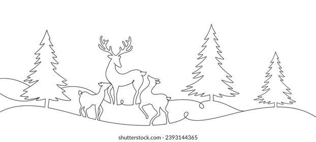 Deer and pine christmas tree line art style vector illustration