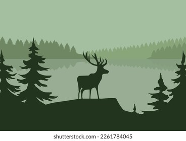 Deer in the pine forest and lake, vector illustration.