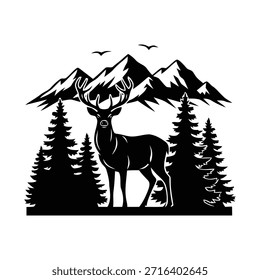Deer in Pine Forest with Mountain Landscape Black Silhouette Vector Isolated on White Background