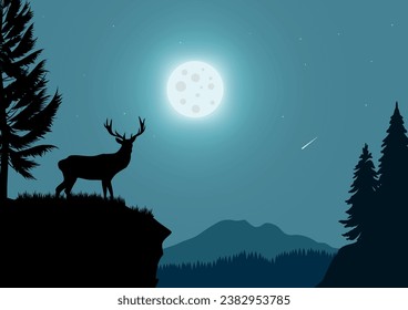 Deer in a pine forest on a full moon night. Vector illustration in flat style.