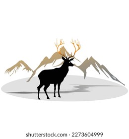 deer, pine and mountain hill of winter