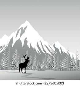 venado, pino y montaña de invierno