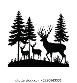 Deer And Pine Tree Silhouette Against A Grassy Knoll
