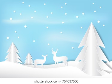 Deer and pine tree with snow paper art style, Christmas season background paper cut illustration