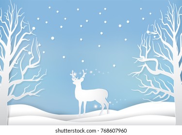Deer and pine tree with snow paper art style, Christmas season background paper cut illustration