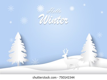 Deer and pine tree with snowflake paper art style, Hello winter, Christmas season background paper cut illustration