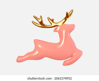 Deer Pink. Christmas element design realistic 3d reindeer. Xmas decorative object isolated on white background. Vector illustration