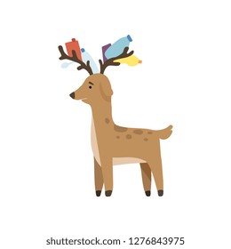 Deer with plastic trash in its horns, global environmental problem, ecological disaster vector Illustration on a white background