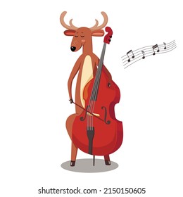 The Deer Plays The Cello. Cute Character In Cartoon Style.