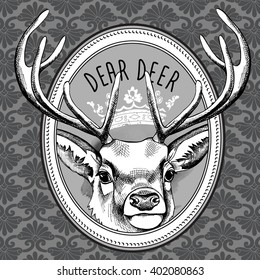 Deer portrait with a crown in frame. Vector illustration.