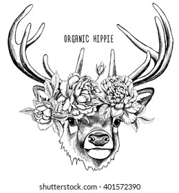 Retrato de veado em um diadema de flores. Ilustração vetorial.