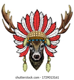Deer portrait. Head of wild animal. Indian headdress with feathers. Boho style.