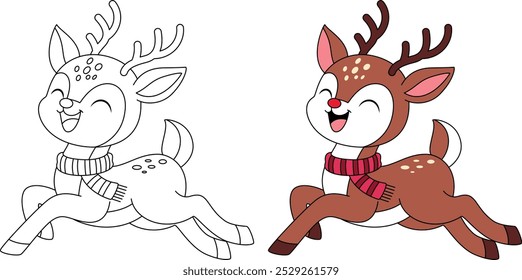 Ciervos que saltan alegremente en la página para colorear del contorno de la nieve. Navidades e ilustración de animales de invierno 