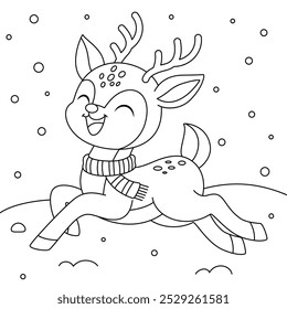 Deer prancing joyfully in the snow outline coloring page. Christmas and Winter Animal Illustration 