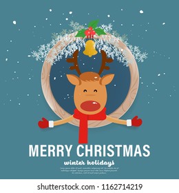 Deer presenting merry christmas greeting card. Vector illustration of cartoon characters on dark blue background with snow.