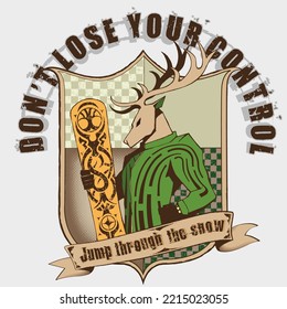 Deer pridely holding a snowboard inside an emblem of a snowboarding team, Deer mascot of a snowboarding team. Extreme sport illustration concept.