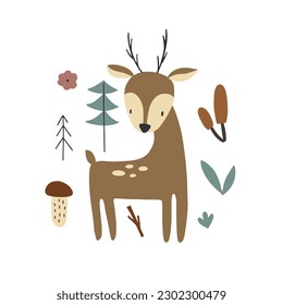 Deer print or postcard. Hand drawn scandinavian forest animal, cute scandinavian poster, kids t-shirt and nursery design. Forest doodle style, vector isolated illustration