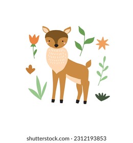 Deer print or postcard. Hand drawn scandinavian forest animal, cute scandinavian poster, kids t-shirt and nursery design. Forest doodle style, vector isolated illustration