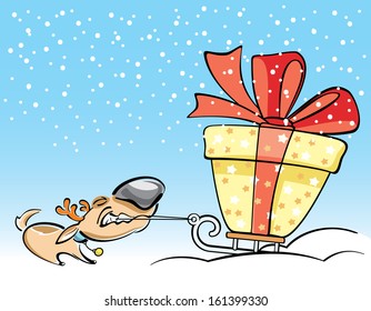 deer pulling a sleigh with big heavy gift