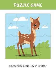 Deer puzzle for kids. Educational materials for developing skills, concentration and attention. Animal in lawn, forest dweller. Flora and fauna. Riddle and jigsaw. Cartoon flat vector illustration