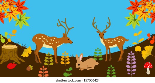 Deer and rabbit in Autumn nature