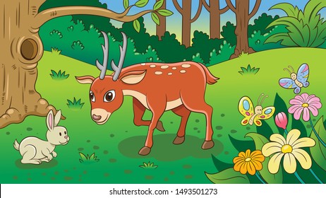 Deer and rabbit living in the forest cartoon illustration