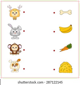 Deer, rabbit, monkey and dog with their food (bone, banana, carrot and hay). Game for children: make the right choice and connect the dots