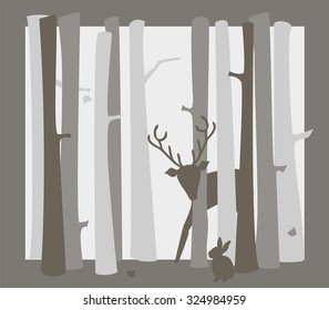 Deer and rabbit in the woods - sepia and gray 