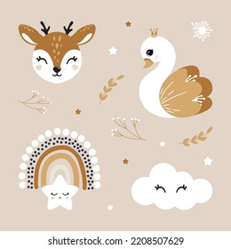 Deer rainbow swan cloud kids room decor cute portrait , poster logo kids room decor t-shirt design print 