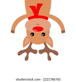 Deer raindeer head face hanging upside down. Red nose, scarf, hornd. Merry Christmas. Happy New Year. Cute cartoon kawaii funny baby character. Flat design. Hello winter. White background. Vector