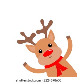 Deer raindeer head face peeking fom corner. Red nose, scarf, hornd. Merry Christmas. Happy New Year. Cute cartoon kawaii funny baby character. Flat design. Hello winter. White background. Vector