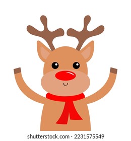 Deer raindeer head face. Red nose, scarf. Merry Christmas. Big horns. Happy New Year. Cute cartoon kawaii baby character. Funny animal. Flat design. Hello winter. White background. 