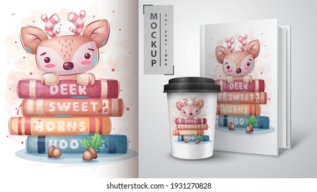 Deer reads books poster and merchandising. Vector eps 10