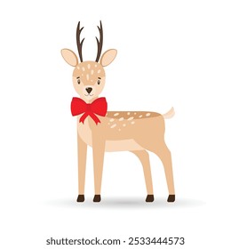 Deer with a red bow. Vector illustration of a cute cartoon deer with antlers and a red bow for decorating cards, banners.