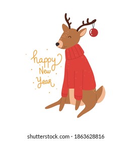 Deer in red Christmas comfortable cozy sweater and sign with happy new year