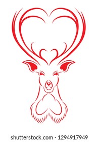 Deer red head with horns in shape of heart vector illustration