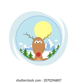 Deer with a red nose and around the Christmas tree and snowy mountains. Illustration isolated on a white background.