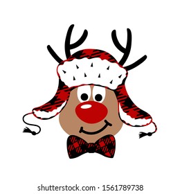 Deer with a red nose in a hat vector file. Christmas decor. Isolated on transparent background..