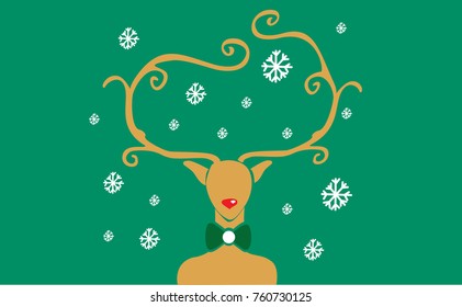Deer with red nose. New year card illustration.
