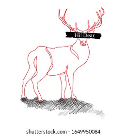 A deer in red outline vector illustration  for T-Shirt logo design.