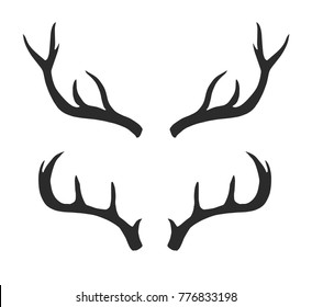 Deer, reindeer, antlers isolated. Border frame. Wild animal silhouette. Set collection. Vector artwork. Black and white, monochrome. Vintage, retro style. Simple hipster fashion logo, label, branding.
