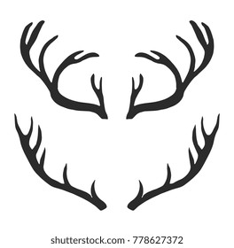 Deer, reindeer, antlers isolated. Border frame. Wild animal silhouette. Set collection. Vector artwork. Black and white, monochrome. Vintage, retro style. Simple hipster fashion logo, label, branding.